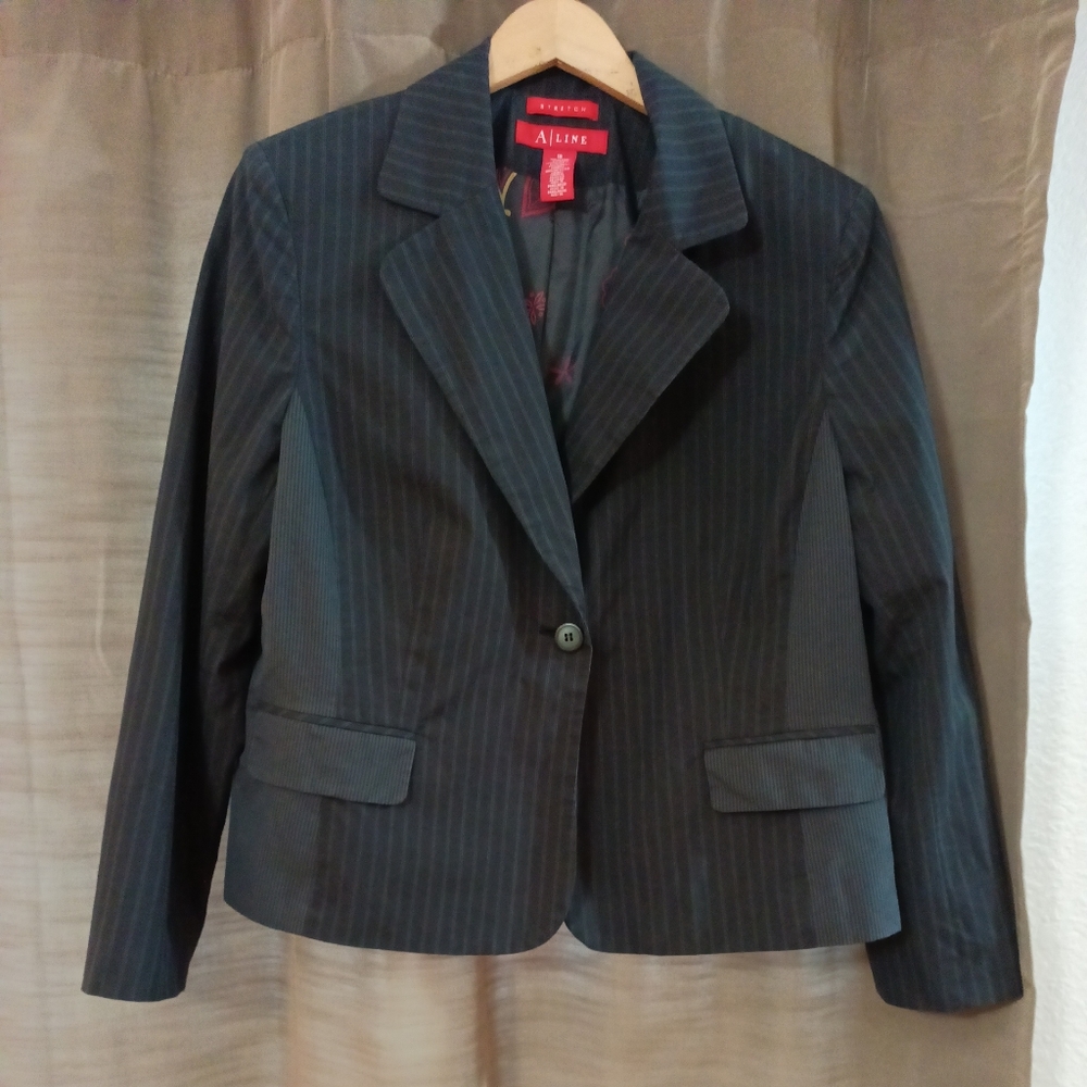 Vintage A Line Pin Striped One Button Black & Gray Blazer Suit Jacket Size 18